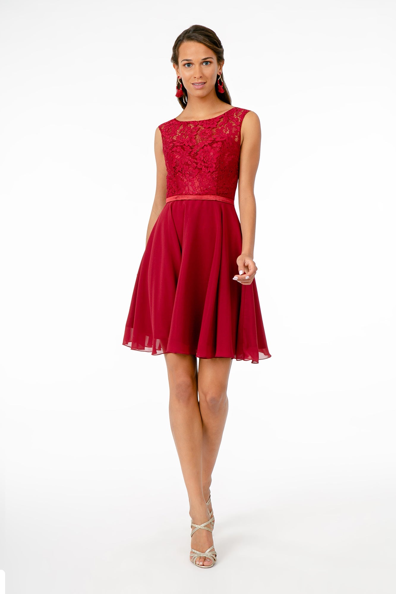 Lace Embellished Bodice Chiffon Short Dress-6