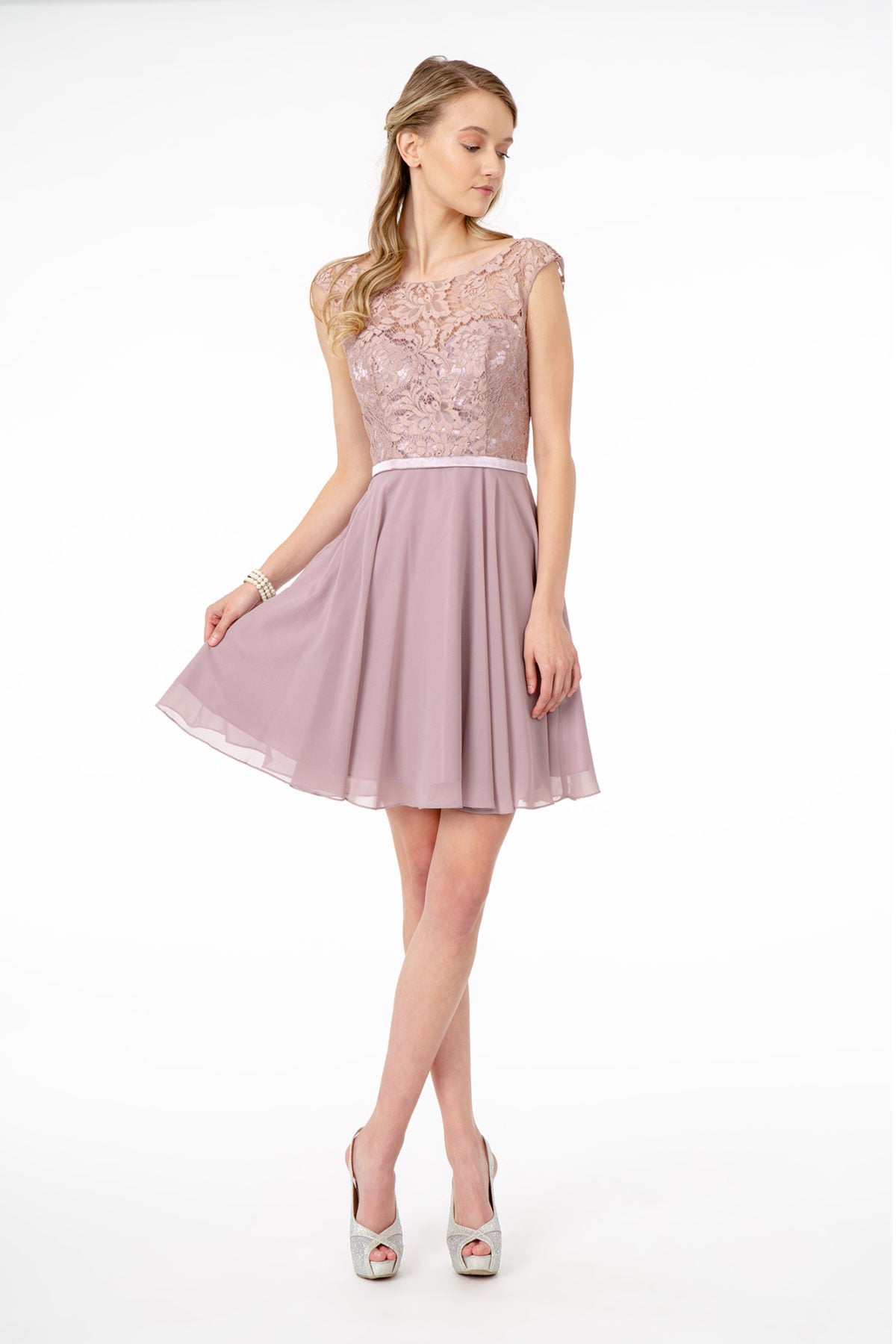 Lace Embellished Bodice Chiffon Short Dress-0