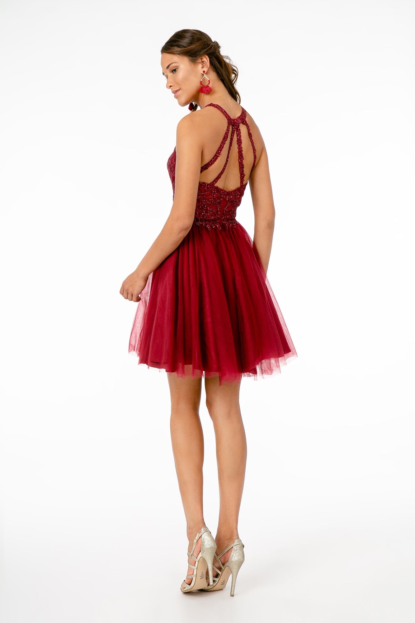 Jewel Embellished Embroidery Tulle Short Dress w/ Strap Back-1