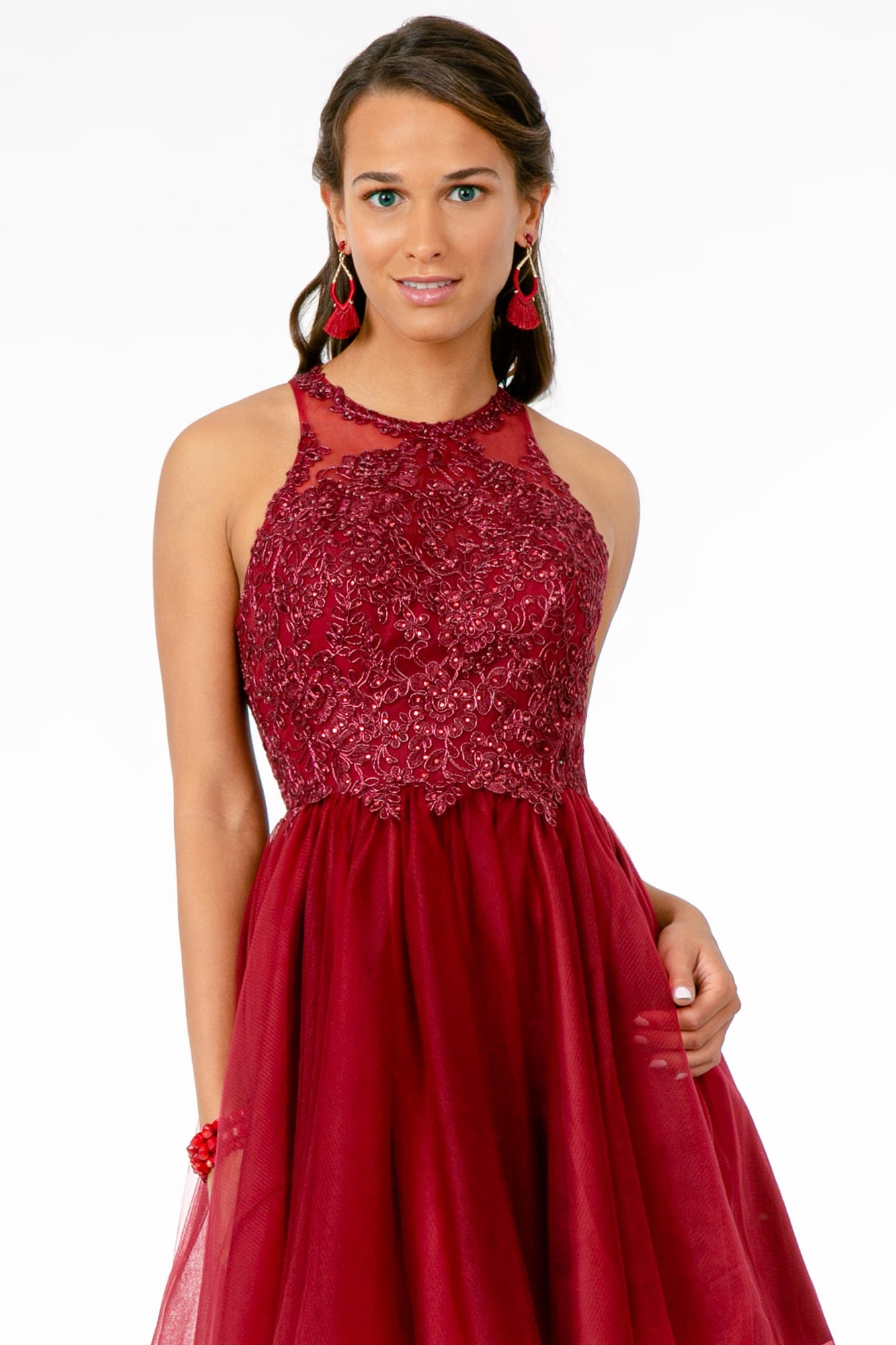 Jewel Embellished Embroidery Tulle Short Dress w/ Strap Back-2