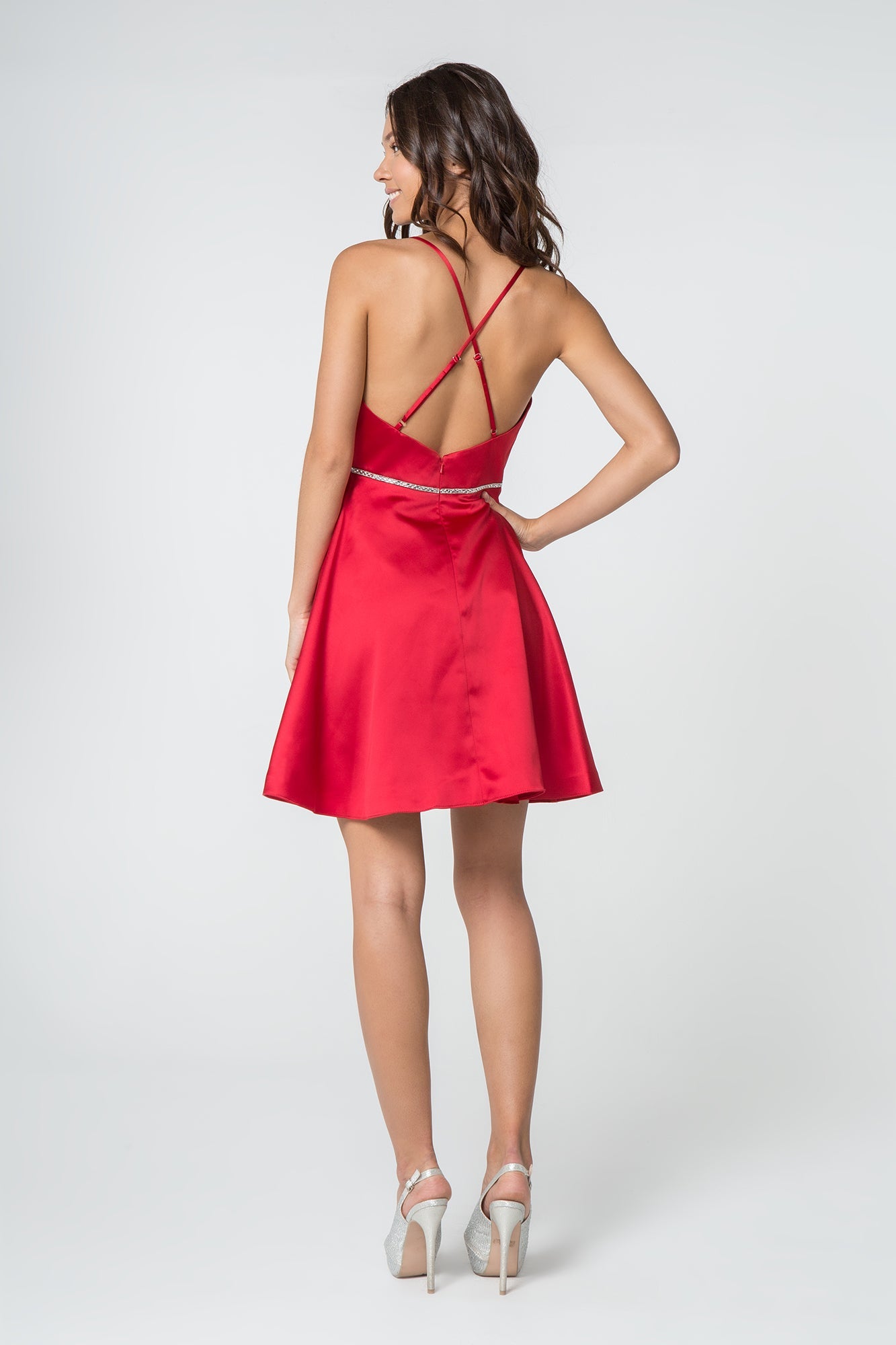 Jewel Accented Waistline Satin Short Dress w/ Strap Back-1