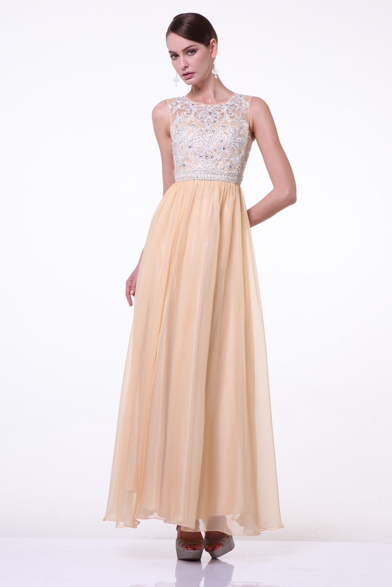 Beaded Lace Bodice Chiffon Empire Waist Dress-0