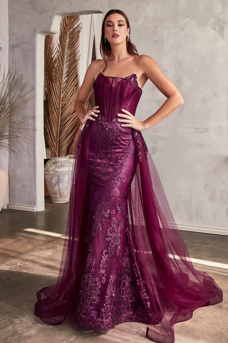 Strapless Glitter Gown With Removable Tulle Overskirt-0