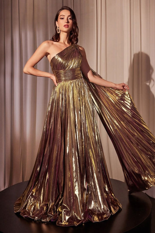 One Shoulder Metallic Pleated A-Line Dress-0