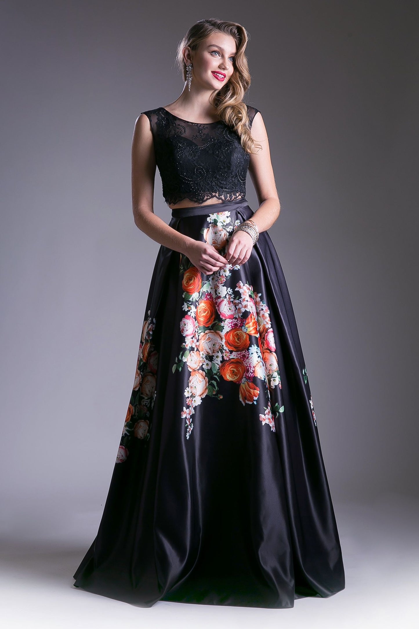 Beaded Lace 2 Piece Floral Satin Ball Gown-2