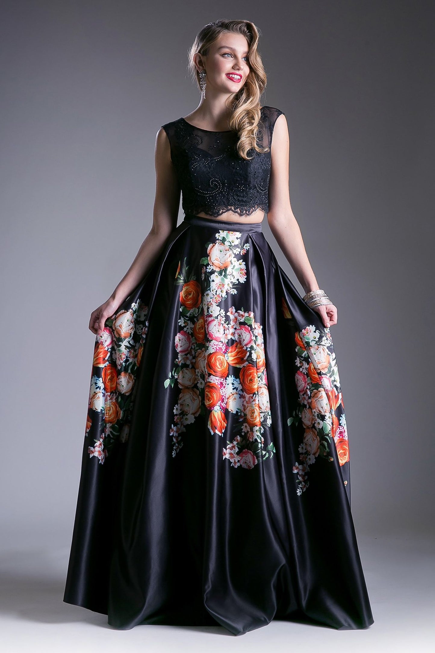 Beaded Lace 2 Piece Floral Satin Ball Gown-0