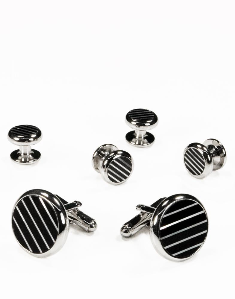 Mother of Pearl Triangles, Stripes, Mini Stripe with Silver Trim Studs and Cufflinks Set-2