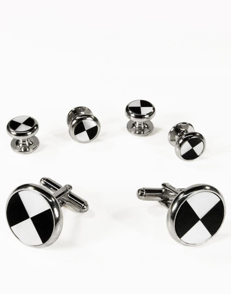 Mother of Pearl Triangles, Stripes, Mini Stripe with Silver Trim Studs and Cufflinks Set-0