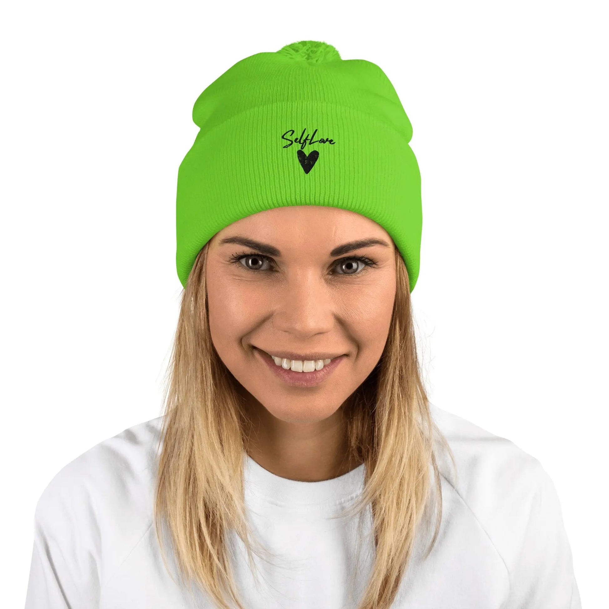 Self Love Pom-Pom Beanie - Women's Beanie with Embroidery-1