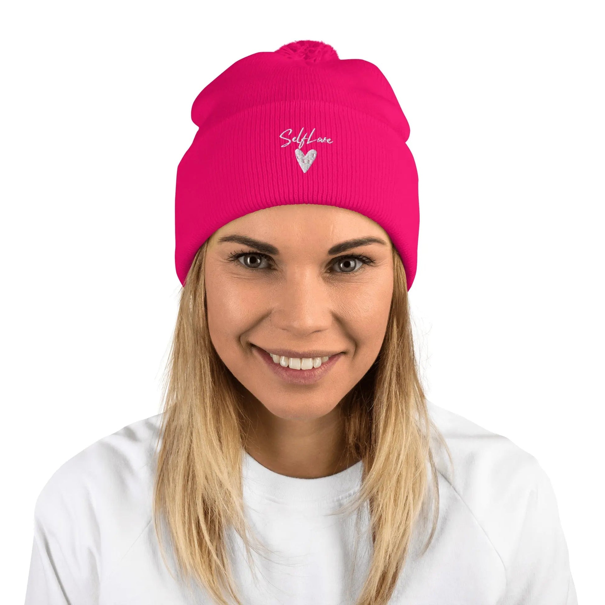 Self Love - Pom-Pom Beanie - Winter Beanie with Embroidery-2