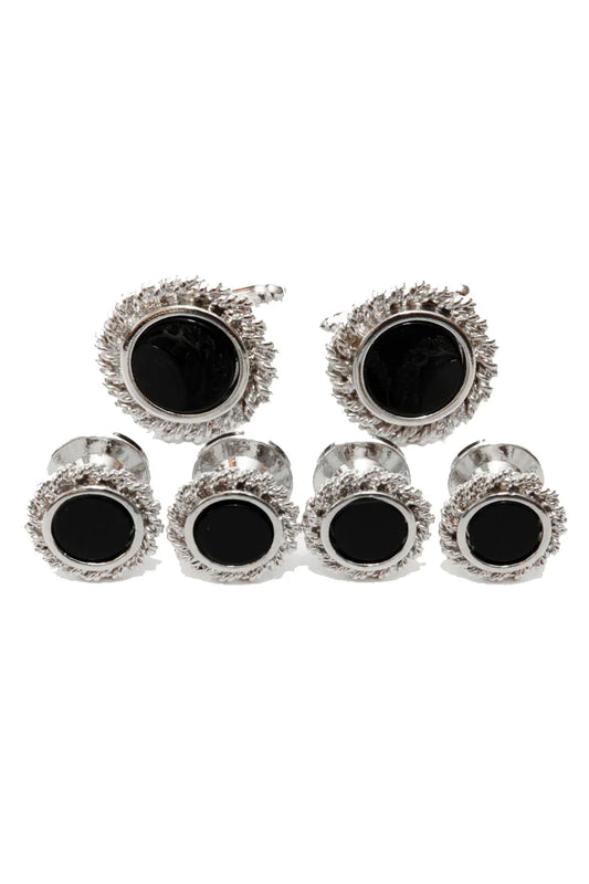 Black Onyx with Rope Silver Trim Studs and Cufflinks Set-0