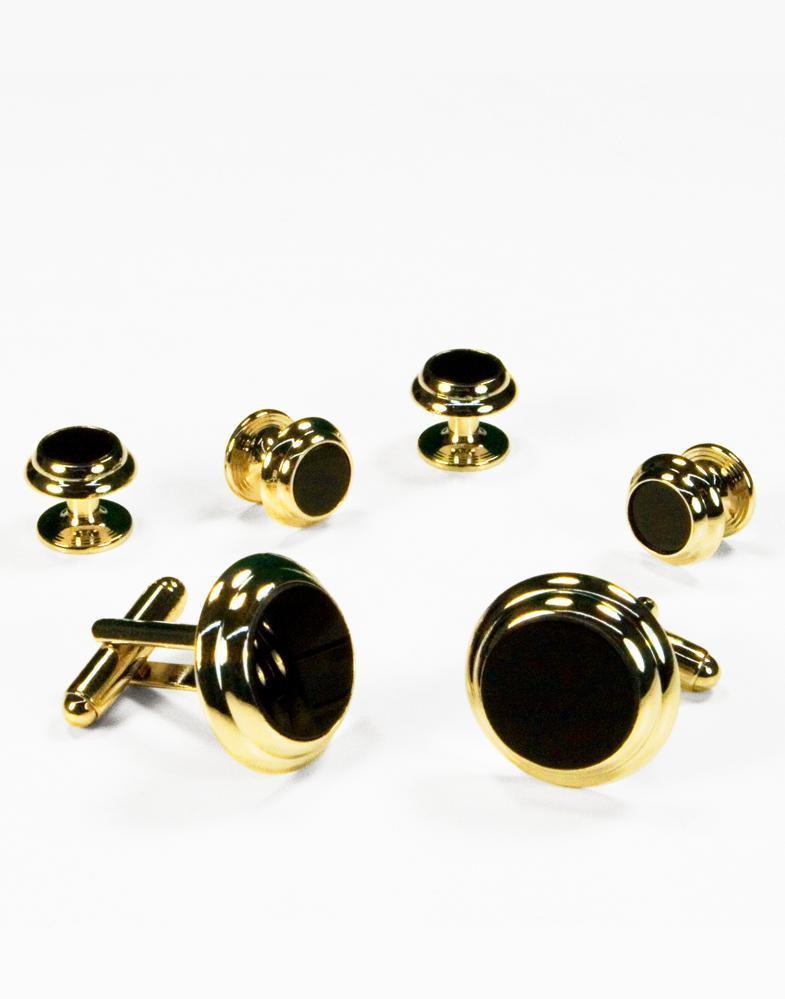 Black Circular Onyx with Gold Double Edge Concentric Circles Studs and Cufflinks Set-0