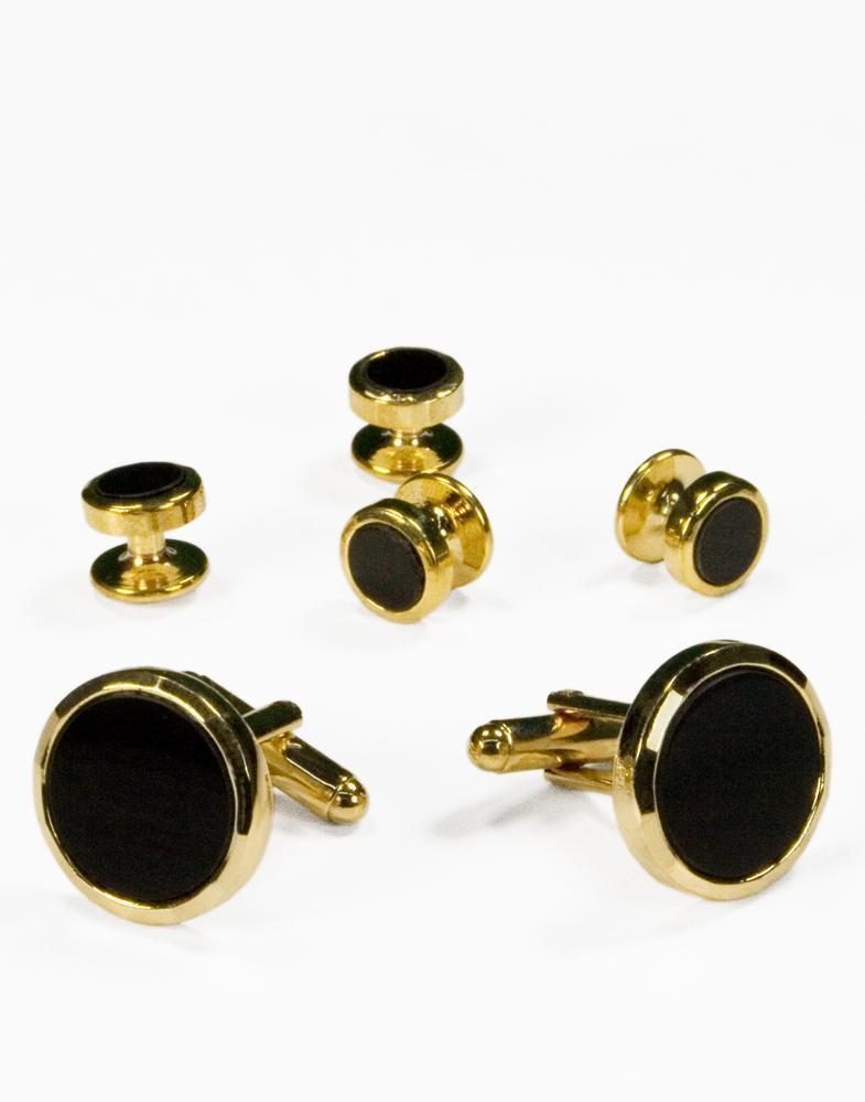 Black Circular Onyx with Silver Facet Cut Edge Studs and Cufflinks Set-1