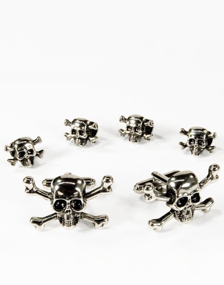 Skull & Crossbones Silver Studs and Cufflinks Set-0