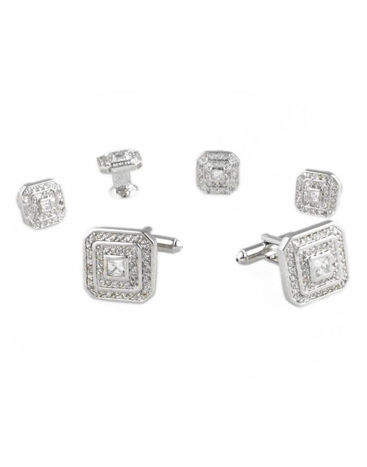 Square CZ with Silver Trim Studs and Cufflinks Set-0