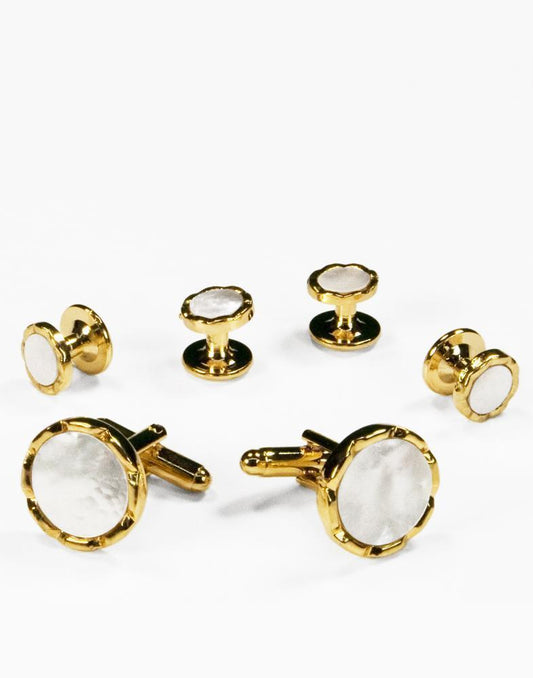 White Circular Mother of Pearl with Gold or Silver Diamond Cut Edge Studs and Cufflinks Set-0