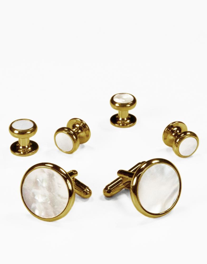 White Mother of Pearl in Gold or Silver Setting Studs & Cufflinks Set-0