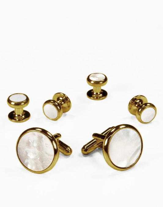 White Mother of Pearl in Gold or Silver Setting Studs & Cufflinks Set-0