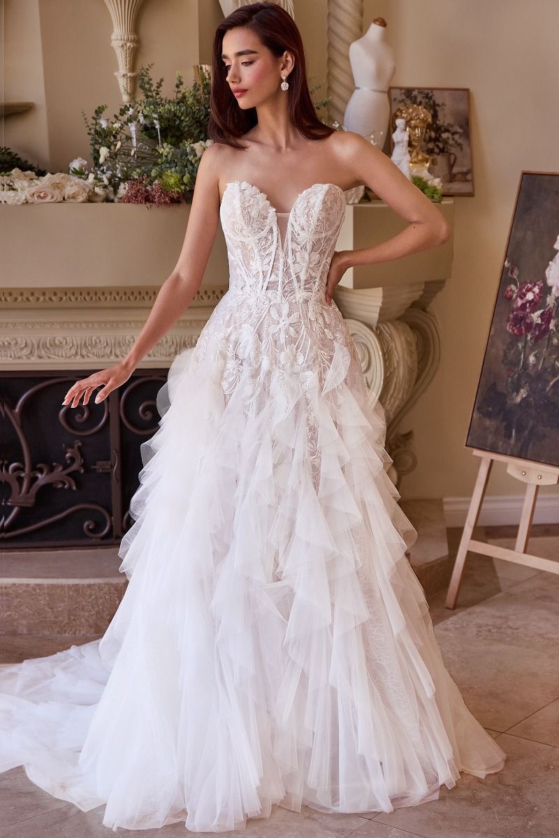 Strapless Drop Waist Cascading Wedding Dress-0