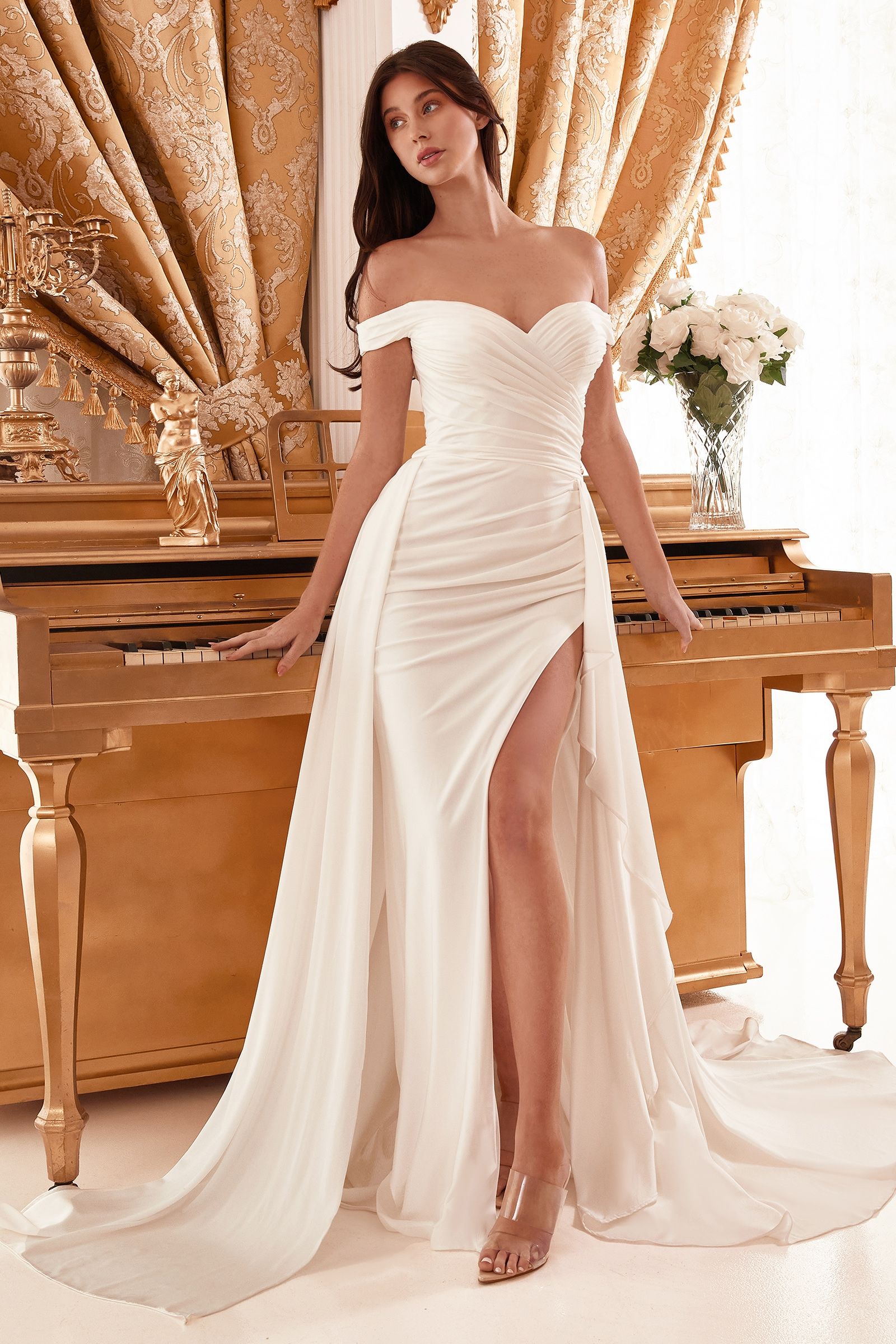 Draped Off The Shoulder Bridal Gown With Overskirt-3